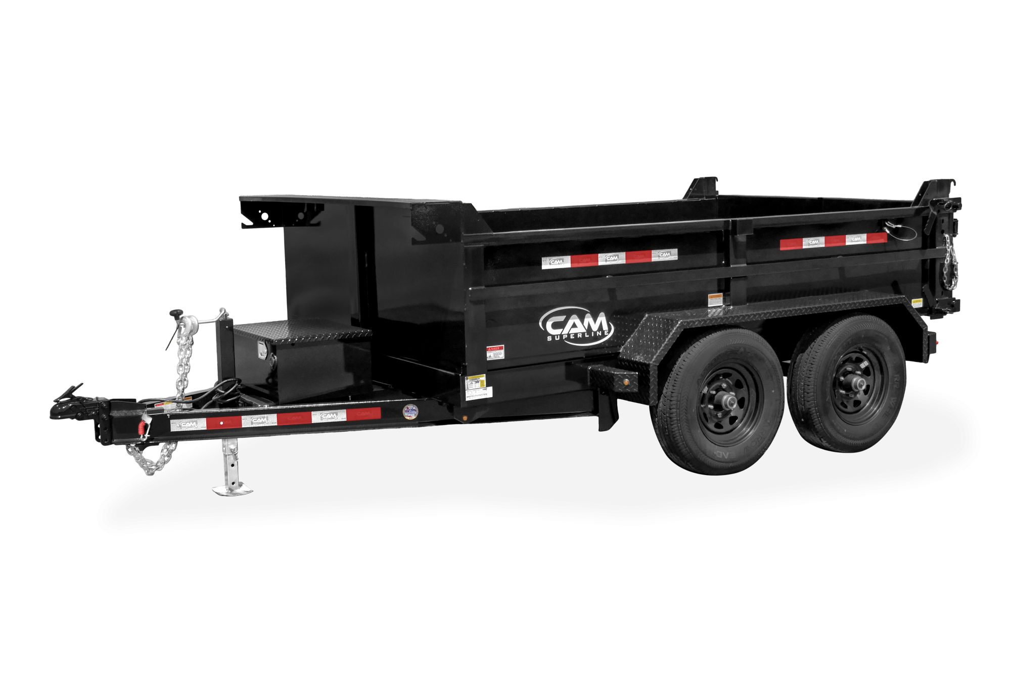 Cam Superline | Standard Duty Low Profile Dump Trailer | Image | Right and front side of black Standard Duty Low Profile Dump Trailer with reflective tape