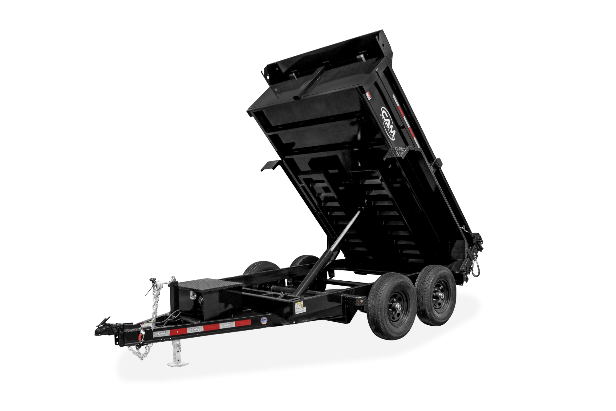 Cam Superline | Standard Duty Low Profile Dump Trailer | Image | Right and front side of black Standard Duty Low Profile Dump Trailer with reflective tape, raised up