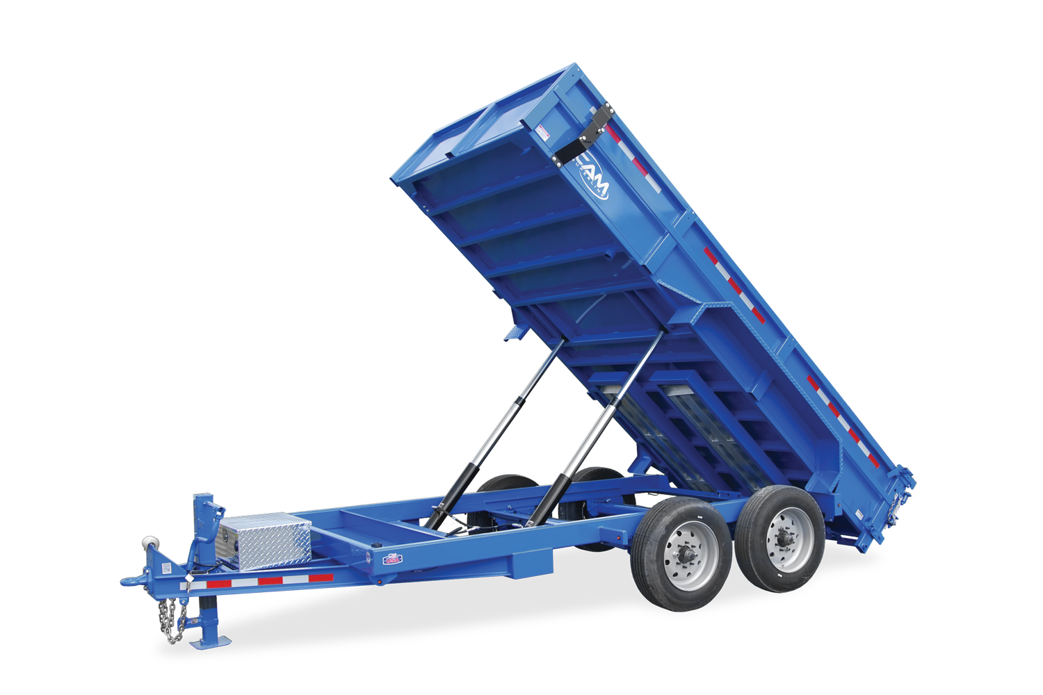 Cam Superline | The BEAST Heavy Duty Low Profile Dump Trailers | Image | Front Side of Blue The BEAST Heavy Duty Low Profile Dump Trailer with reflective tape, tilted, raised up