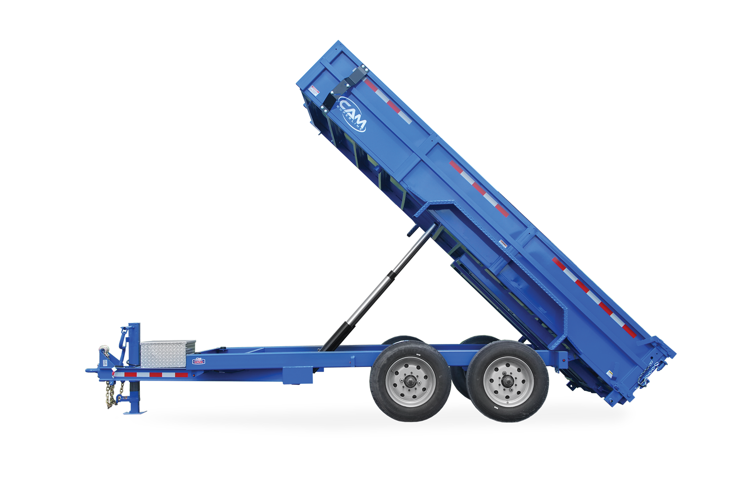 Cam Superline | The BEAST Heavy Duty Low Profile Dump Trailers | Image | Side of Blue The BEAST Heavy Duty Low Profile Dump Trailer with reflective tape, tilted, raised up