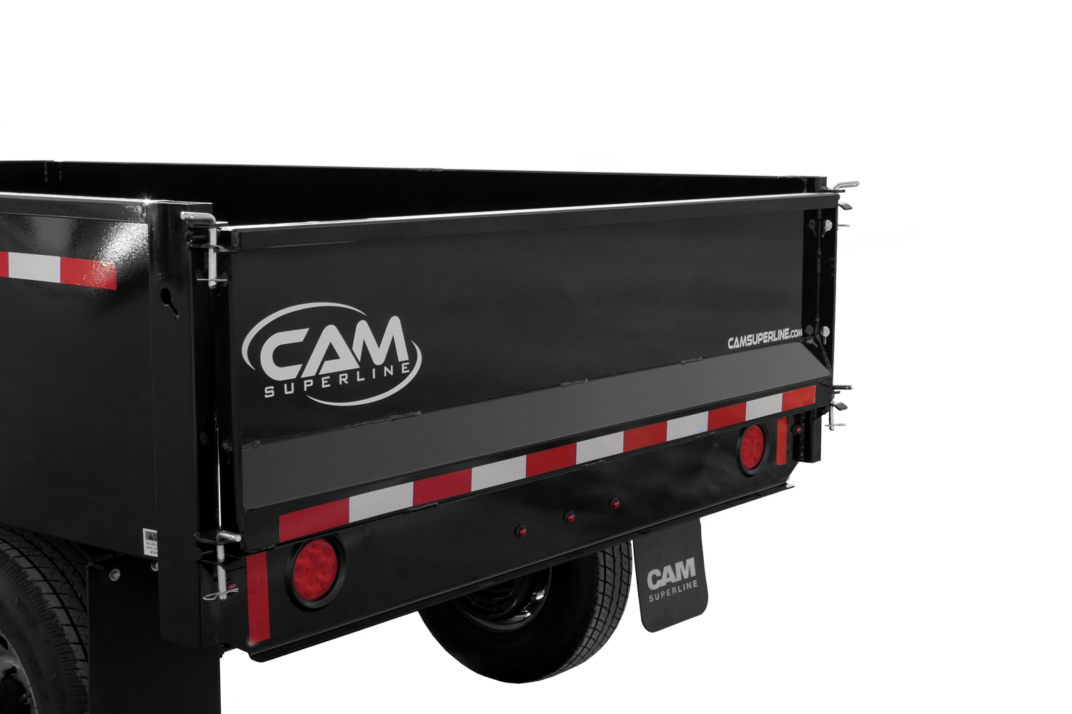 Cam Superline | Deckover Dump Trailer | Image | Back side of black dump trailer with Cam Superline Logo, and reflective tape