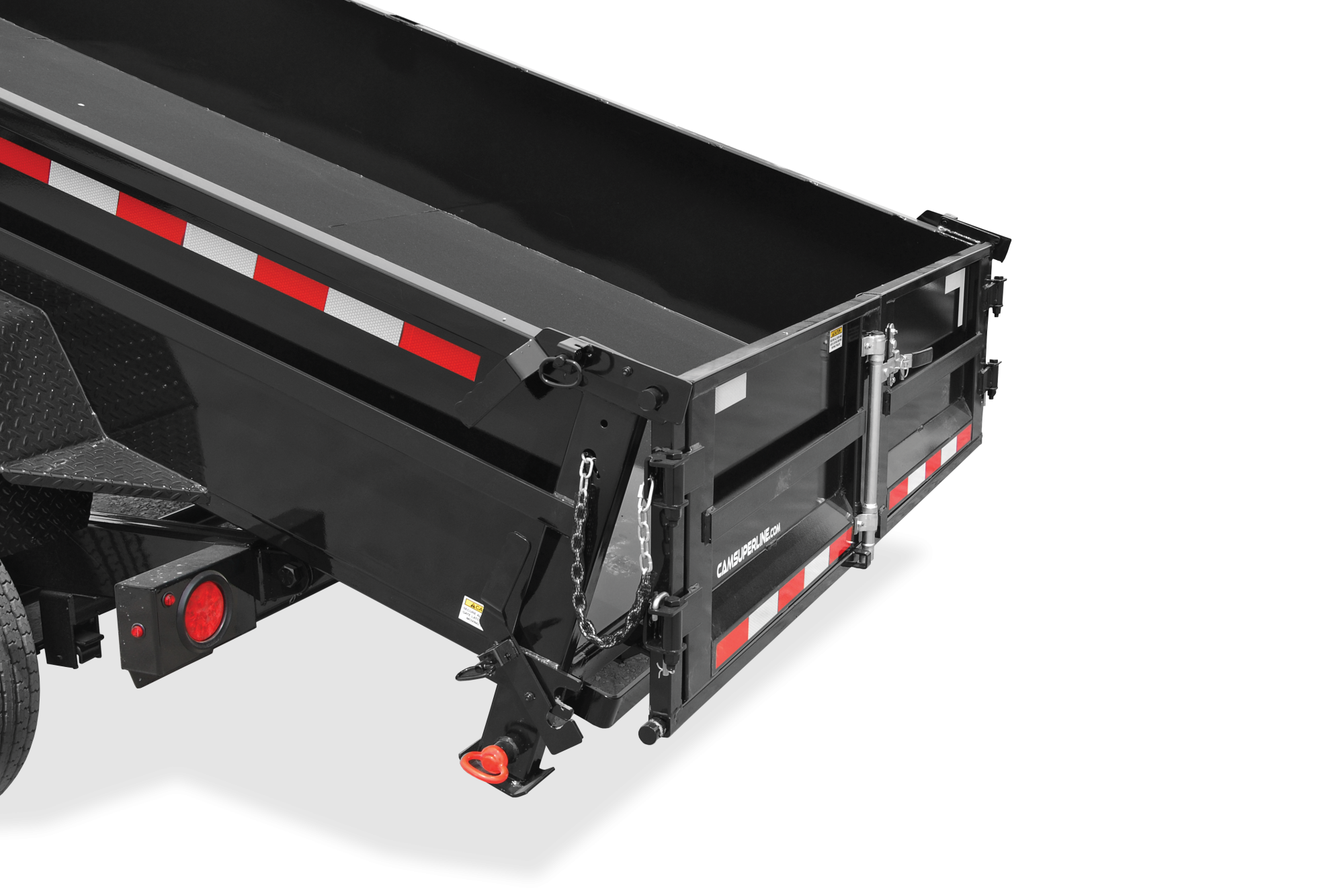 Cam Superline | Low Profile Dump Trailer | Image | Left and back side, tilted, Low Profile Dump Trailer with reflective tape, close-up of gate spread