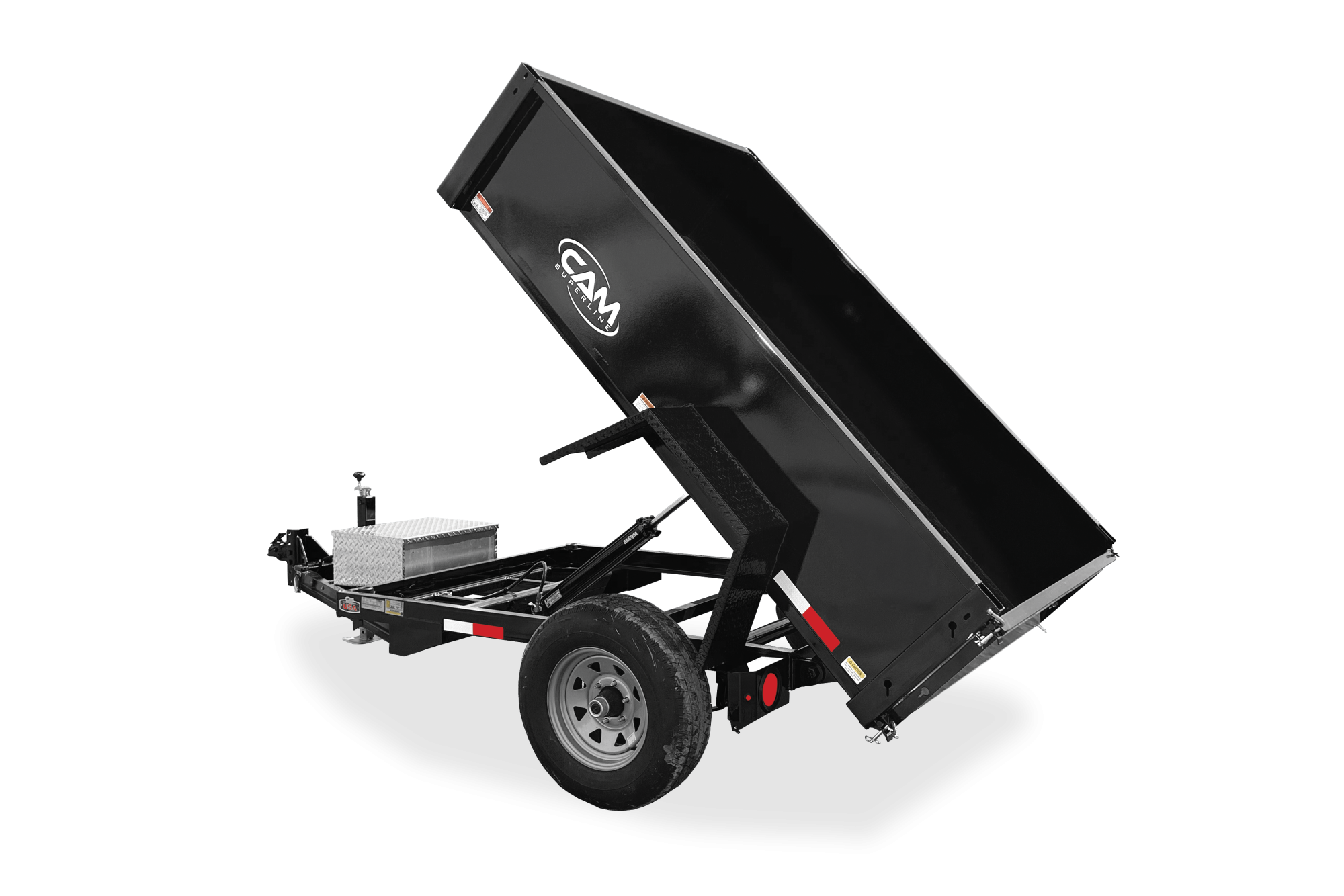 Cam Superline | Single Axle Low Profile Dump Trailer | Image | Right side of black Single Axle Low Profile Dump Trailer with reflective tape, raised up, tilted towards back