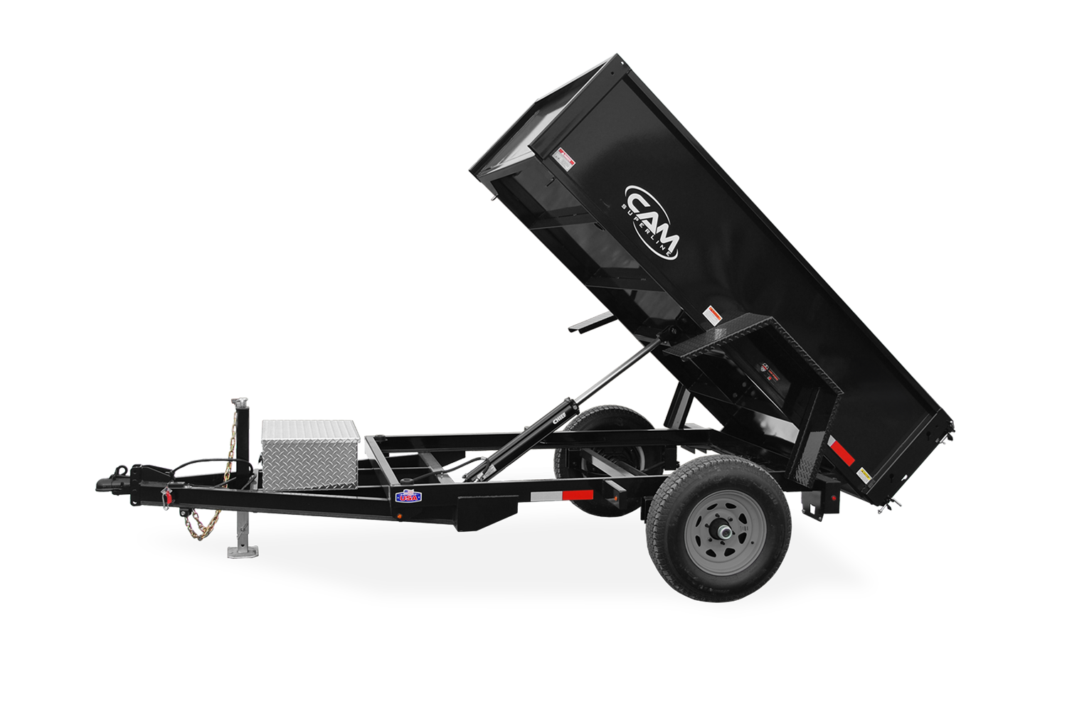 Cam Superline | Single Axle Low Profile Dump Trailer | Image | Right side of black Single Axle Low Profile Dump Trailer with reflective tape, raised up, tilted towards front