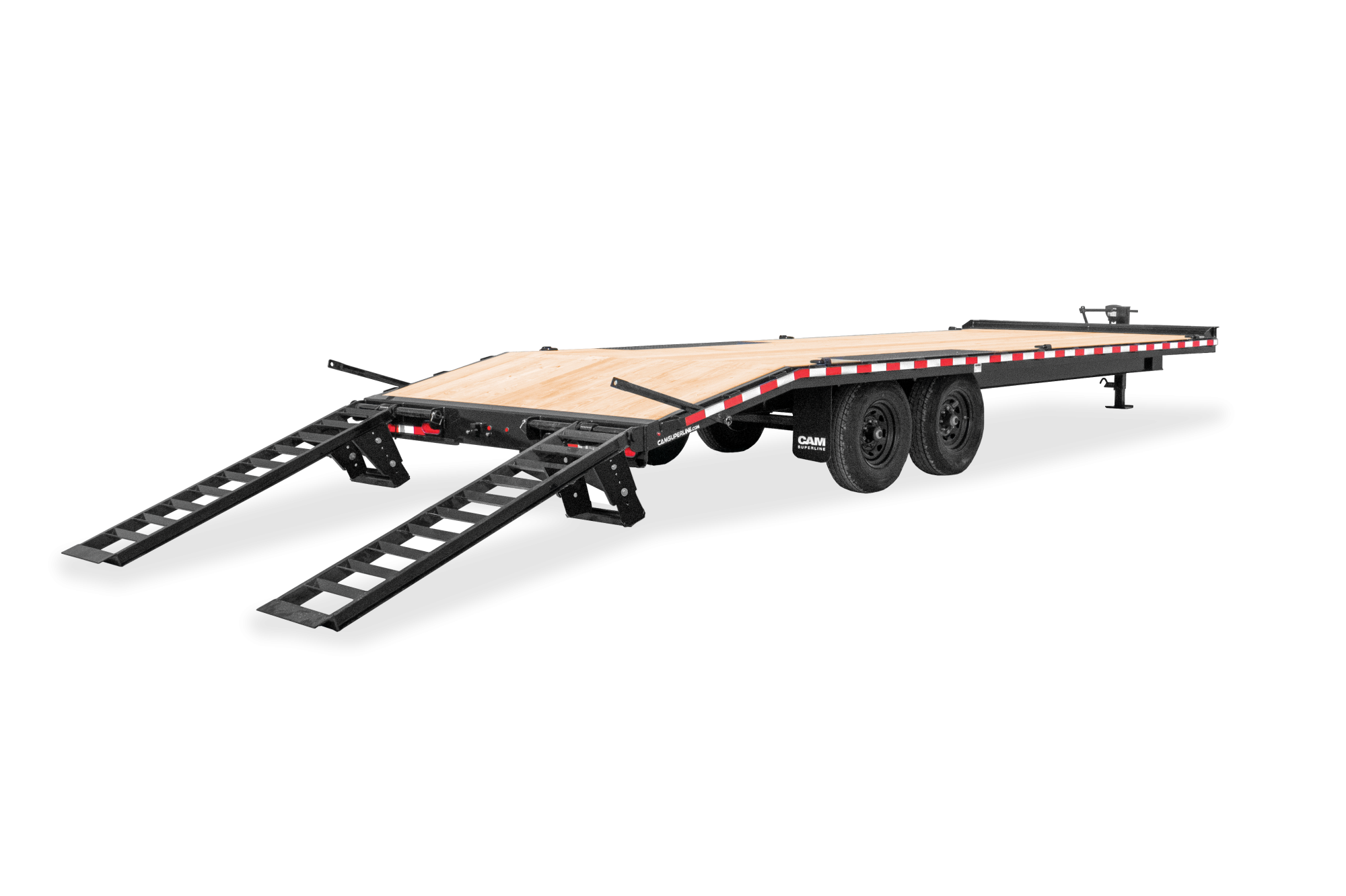 Cam Superline | Standard Duty Deckover Trailer | Image | back and left of Standard Duty Deckover Trailer with reflective tape, ramps down