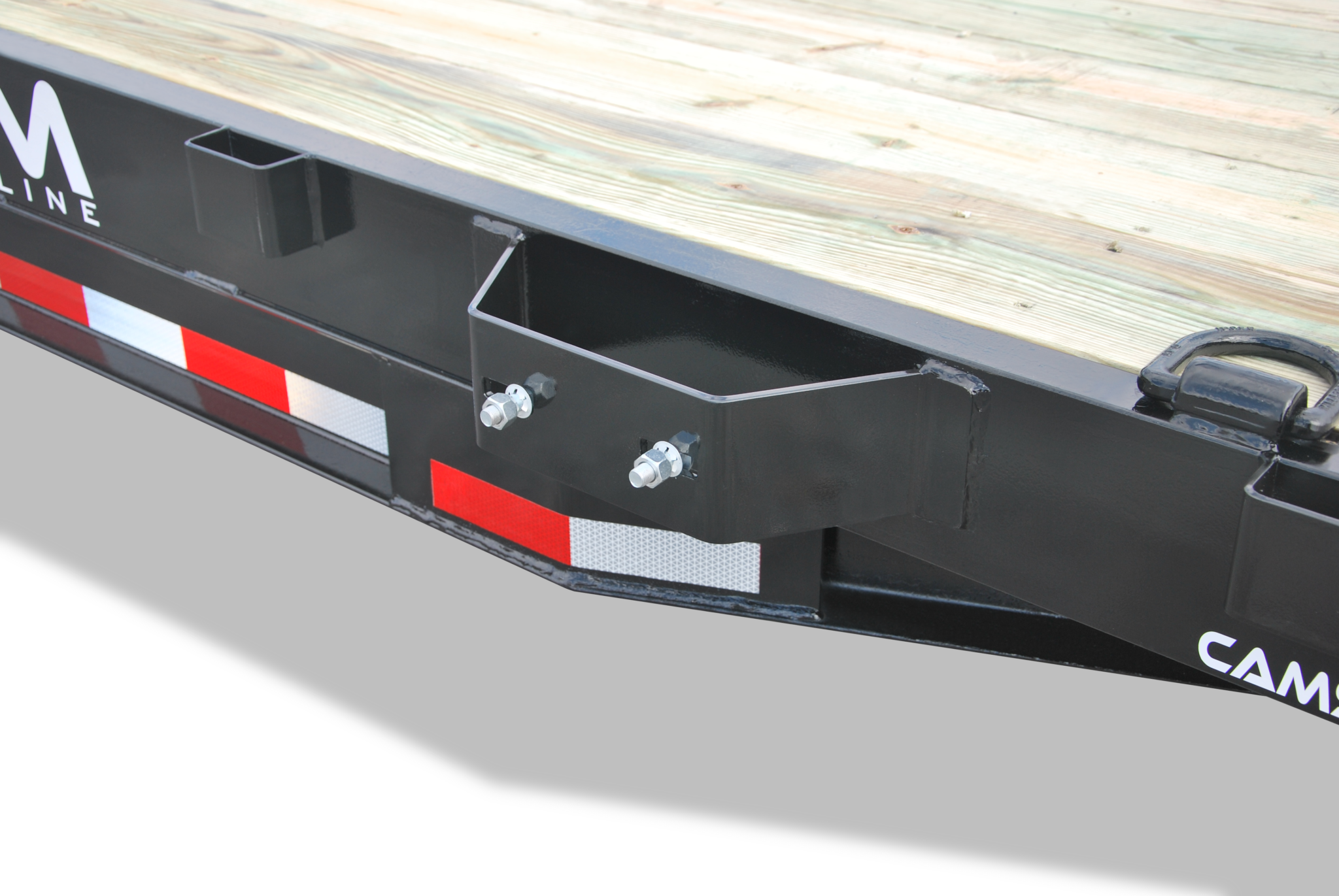 Cam Superline | Channel Frame with Beavertail Trailer | Image | Channel Frame Trailer with Beavertail and reflective tape, close-up of Spare Tire Mount